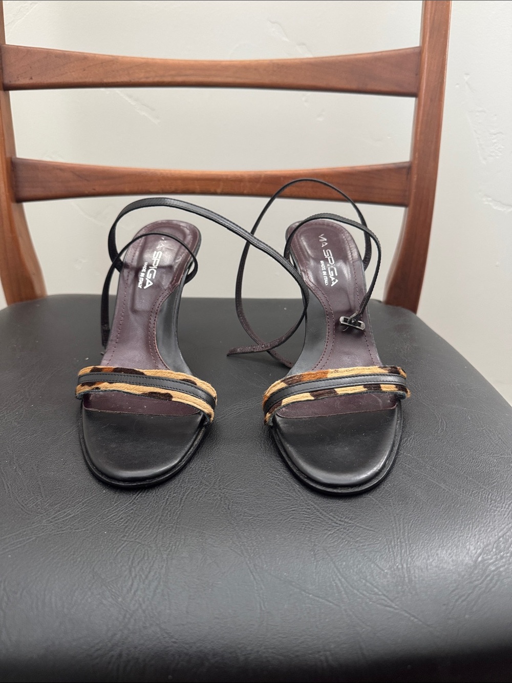 Via Spiga Black Leather Strappy Heels with Furry Animal Print